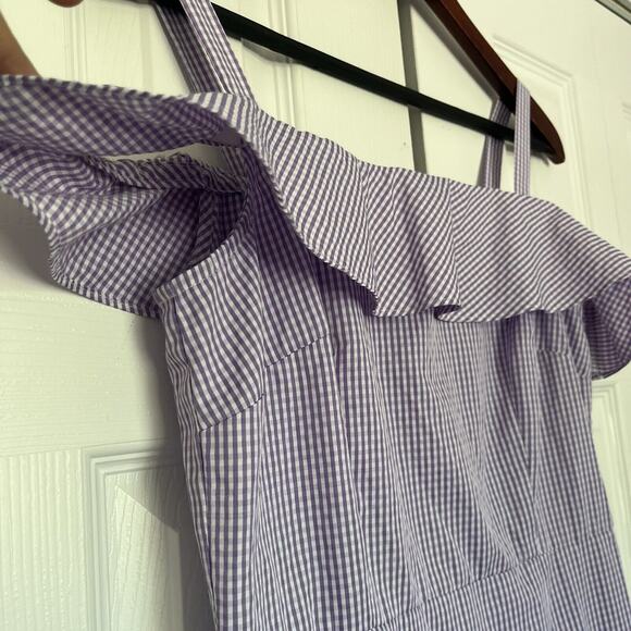Women’s Donna Morgan Purple Blue Gingham Ruffle Off The Shoulder Dress Size 6 - Picture 3 of 9
